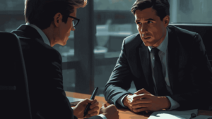 Due persone durante un colloquio di lavoro professionale che si confrontano su domande difficili