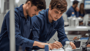 Imprenditore e giovane apprendista nel Lazio che collaborano grazie alla formazione finanziata.