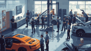 Tecnici in officina che usufruiscono della formazione finanziata settore automotive Fonter.