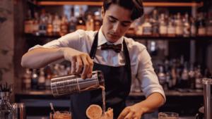 Studente che impara tecniche di miscelazione professionale al corso Barman gratuito a Milano