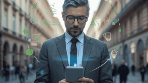 Imprenditore a Milano che pianifica lo sviluppo grazie alla sostenibilità e digitalizzazione imprese Lombardia.