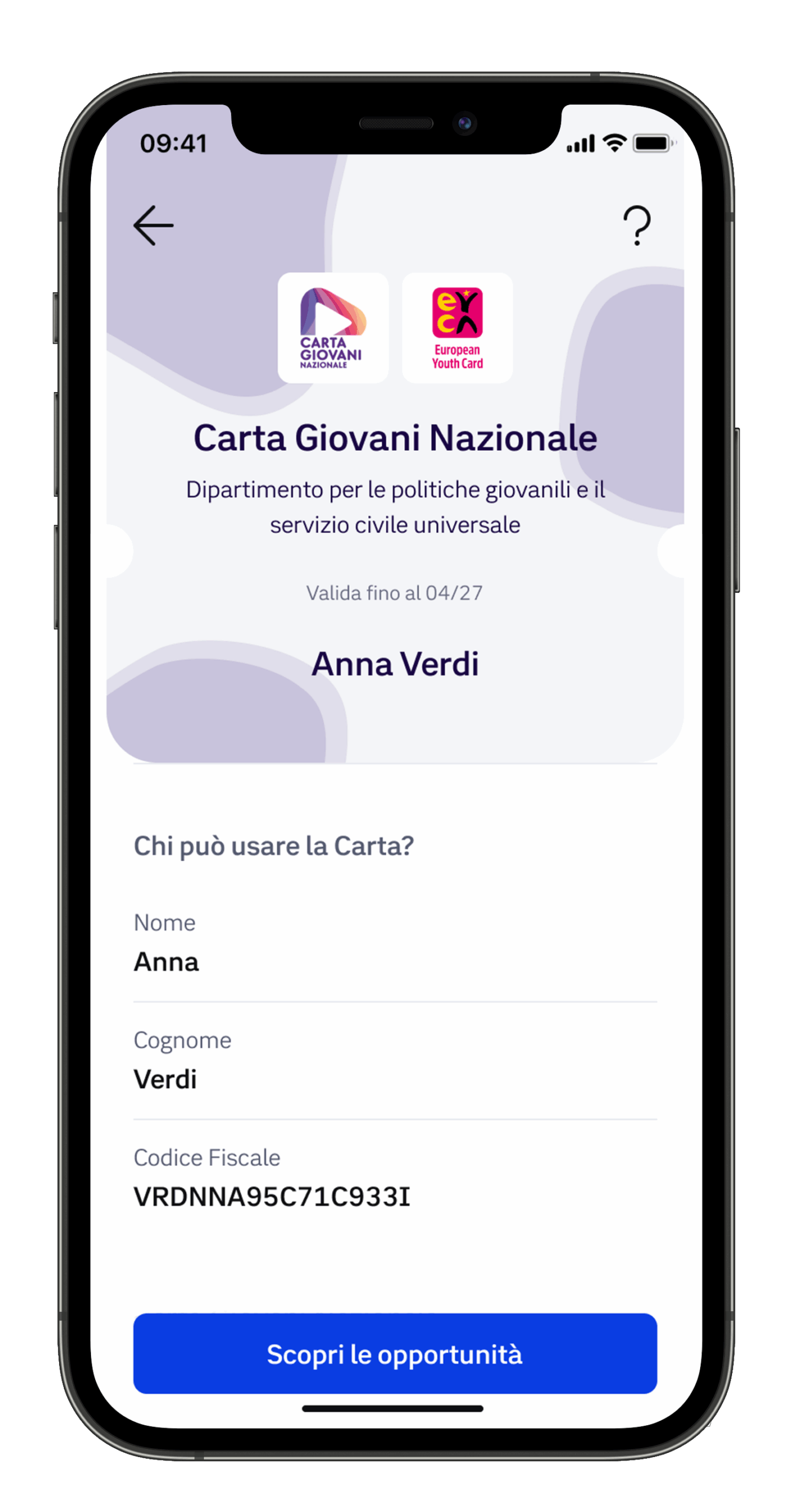 Carta Giovani Nazionale - Schermata App